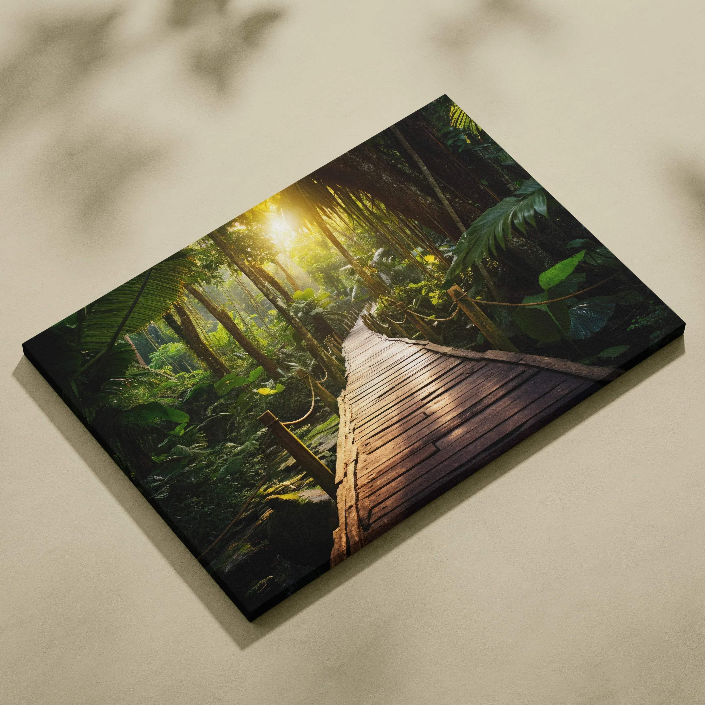 Canvas wall art featuring a serene forest with a wooden path and lush green trees illuminated by sunlight.