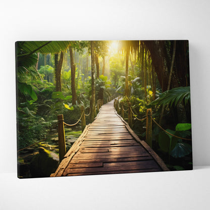Canvas wall art featuring a serene forest landscape with a wooden path and lush green trees at sunset.