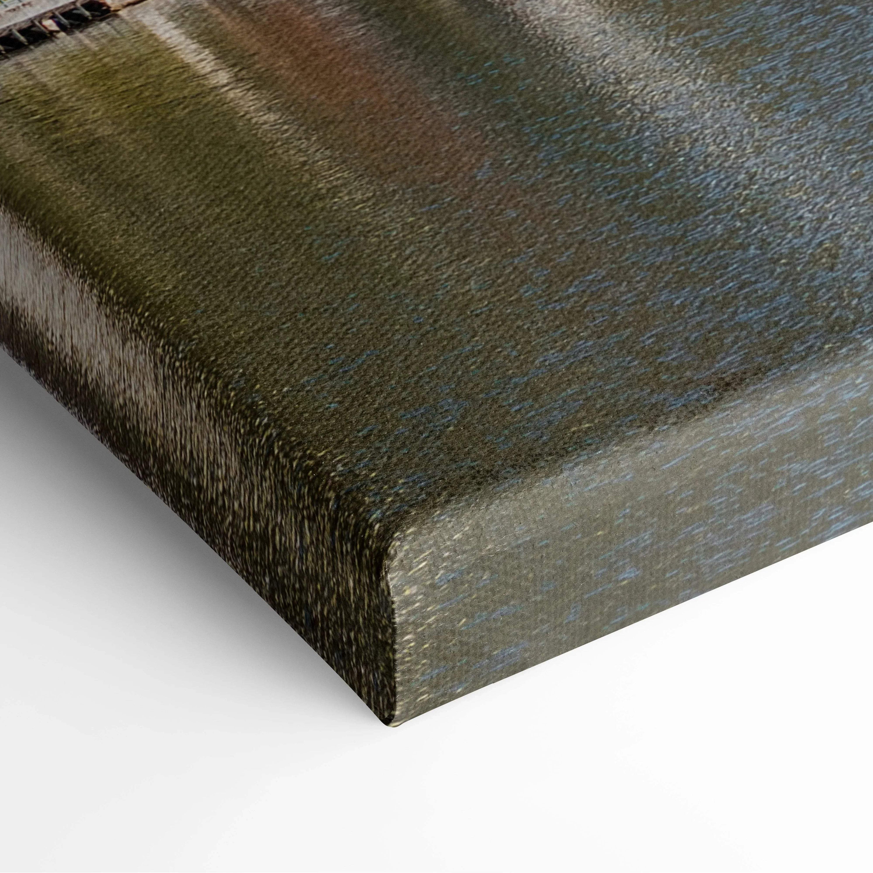 Corner view of a stretched canvas print with dark, glossy architectural digital art and deep black edges.