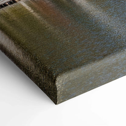 Corner view of a stretched canvas print with dark, glossy architectural digital art and deep black edges.
