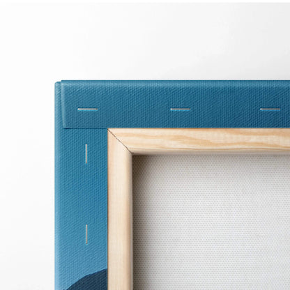 Blue stretched canvas with wooden frame corner and visible staples for wall art display.
