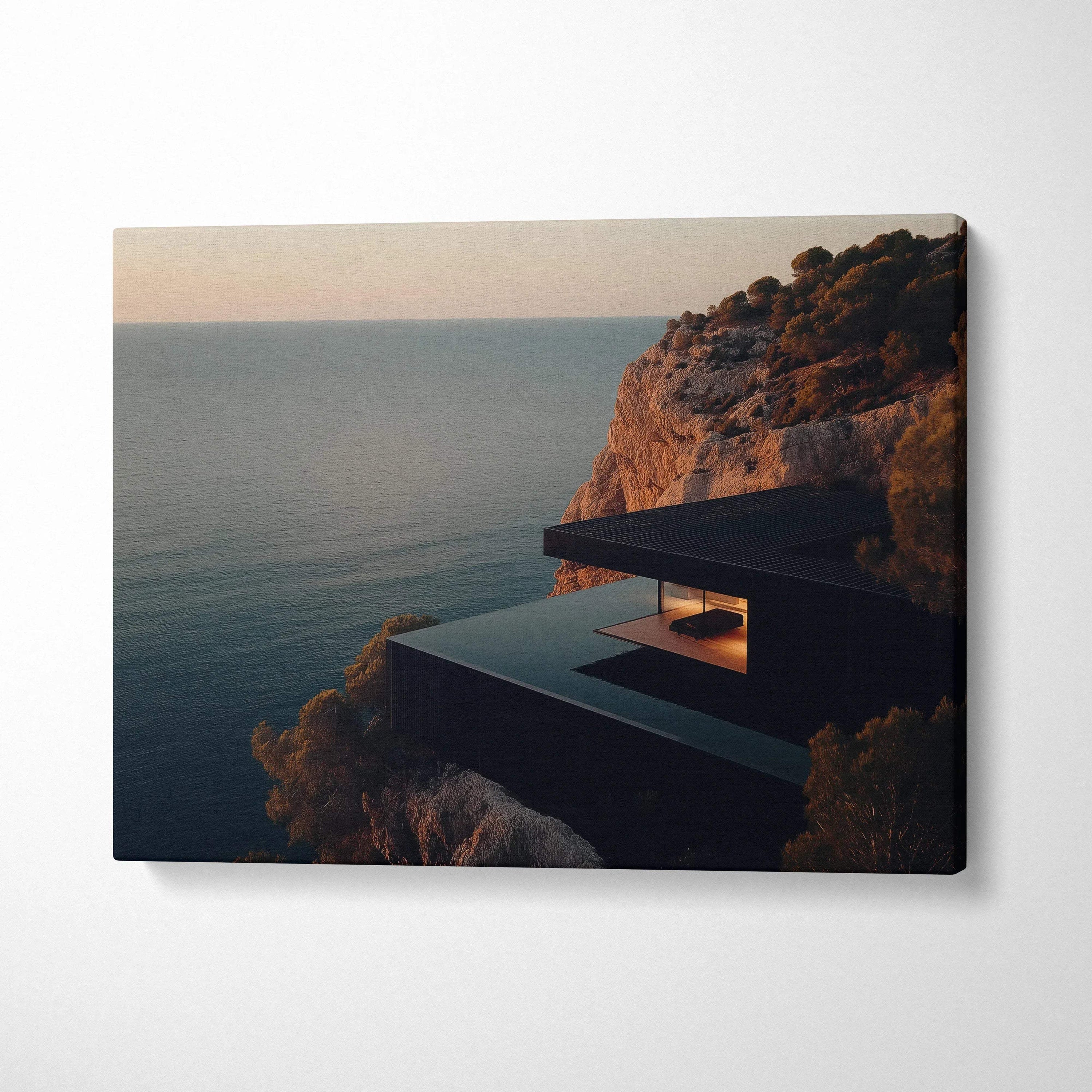 Modern architecture canvas wall art featuring a sleek cliffside building at sunset.