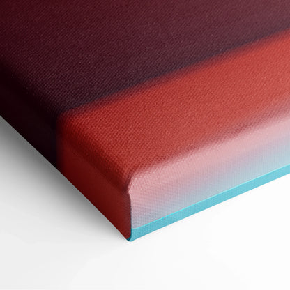 Close-up of canvas wall art corner with rich autumn red and blue gradient hues, textured fabric surface.