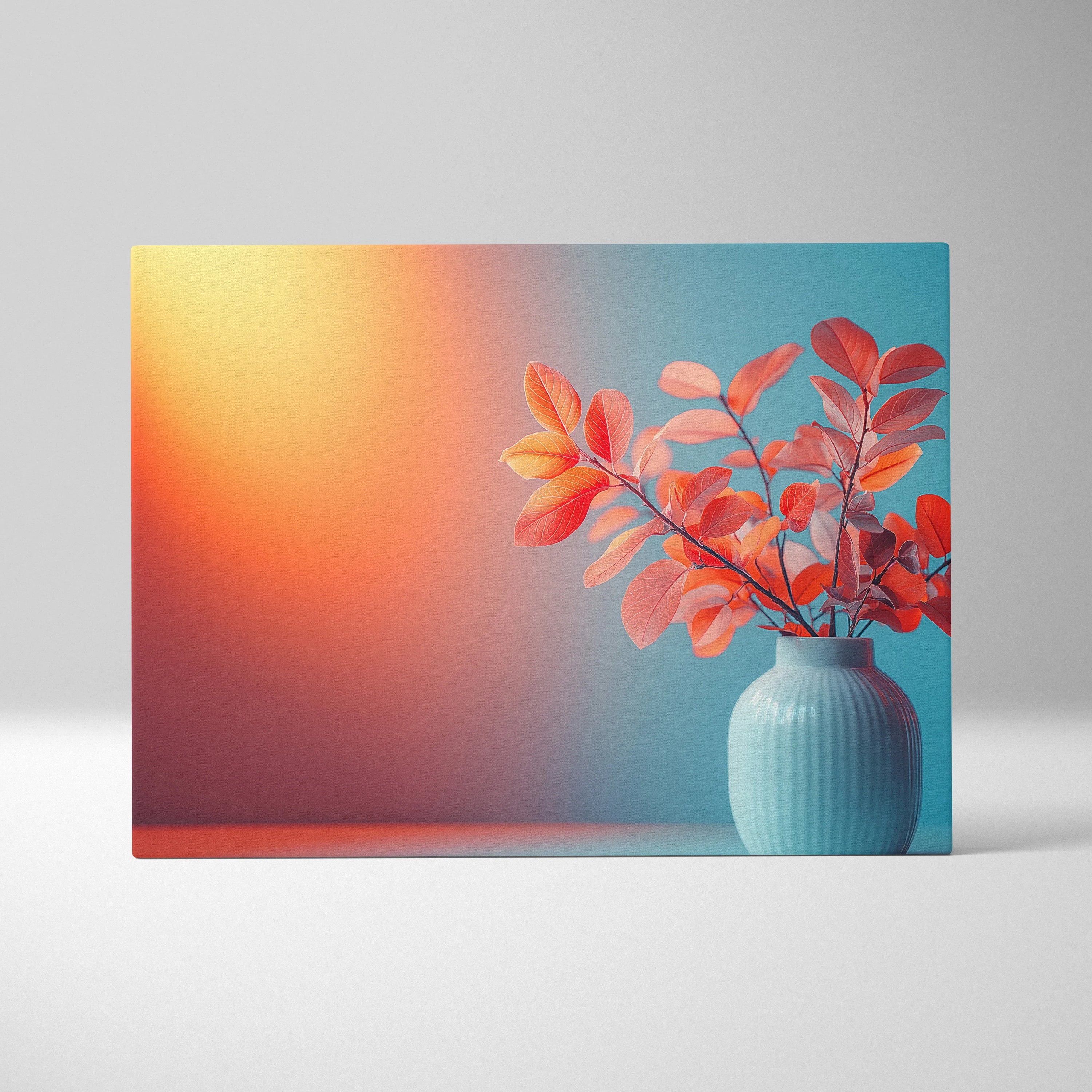 Canvas wall art showing a minimalist blue vase with orange autumn leaves against a soft gradient background of warm yellow.