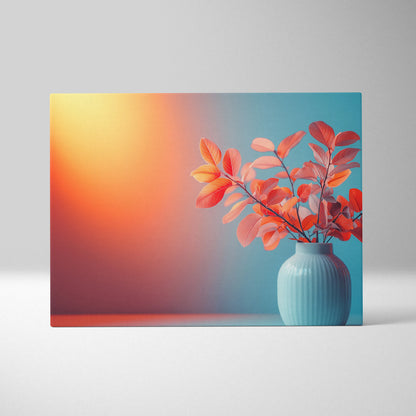 Canvas wall art showing a minimalist blue vase with orange autumn leaves against a soft gradient background of warm yellow.