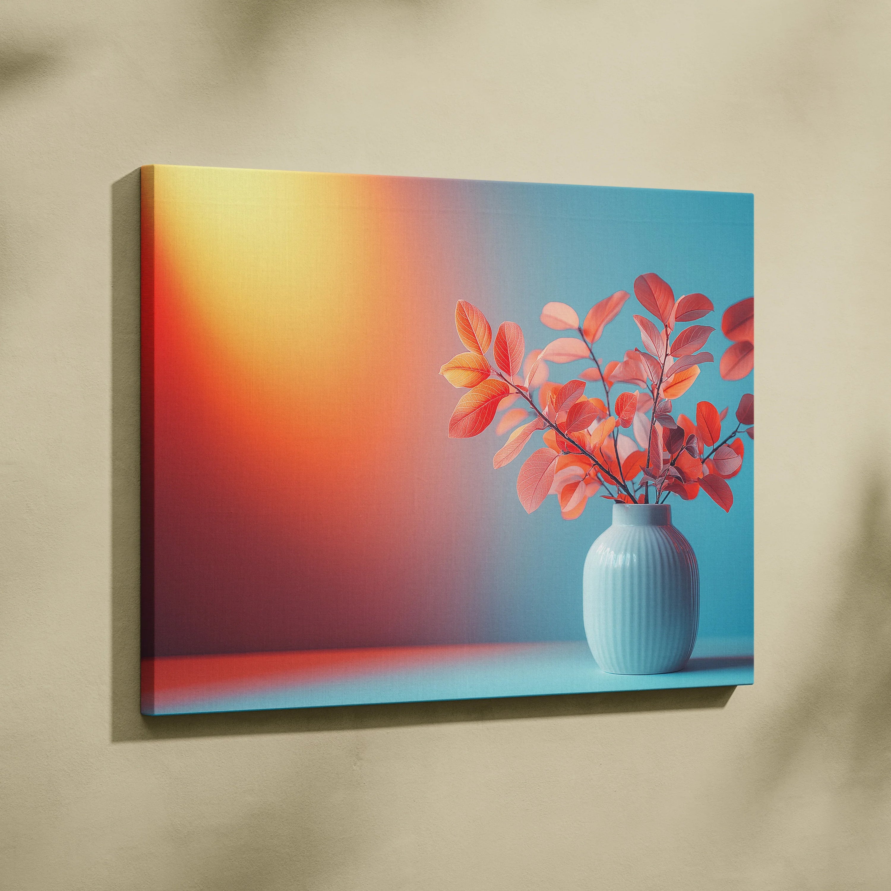 Modern minimalist canvas wall art featuring a ribbed autumn vase with red foliage against a warm gradient background decor.