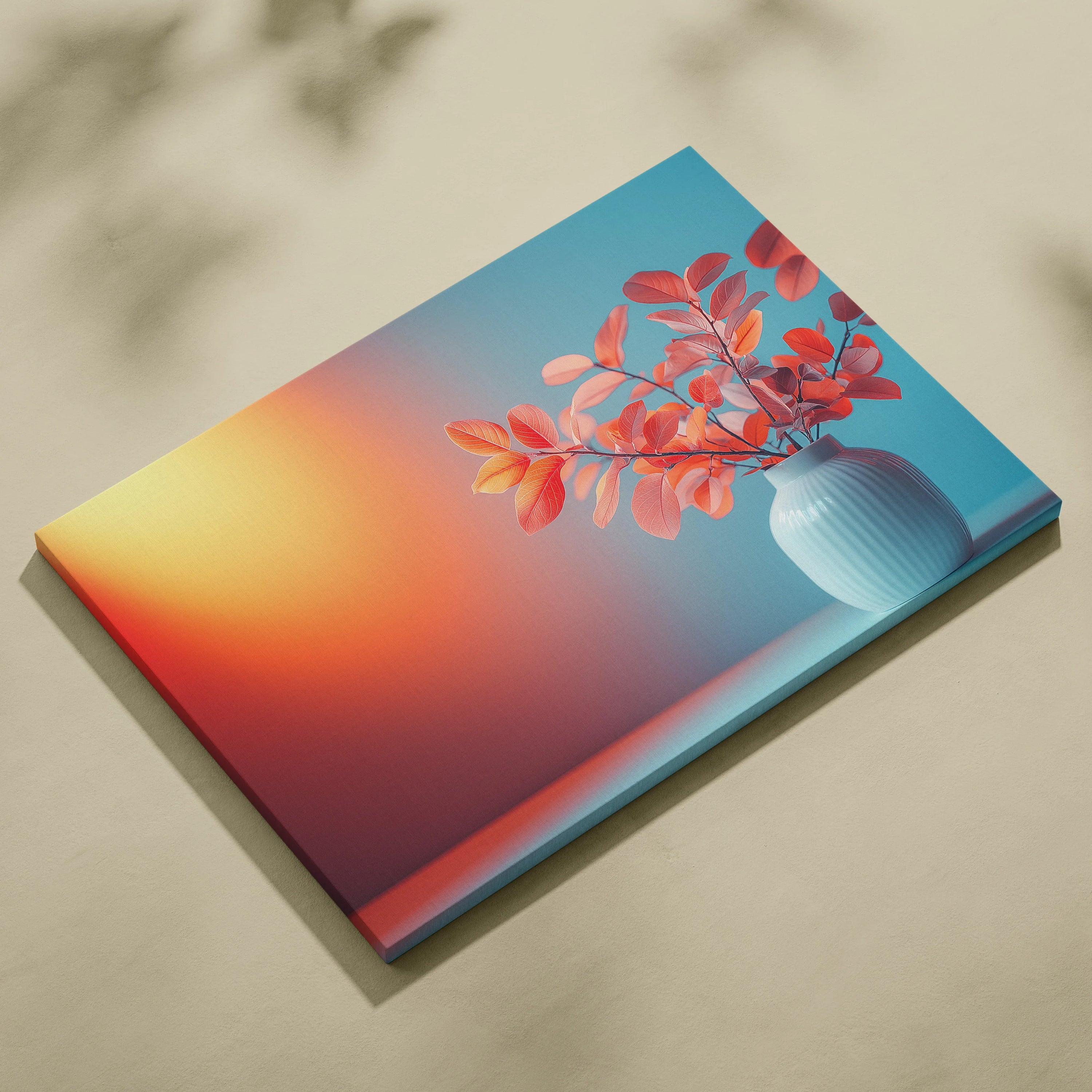 Canvas wall art depicting a white vase with red autumn leaves against a gradient orange and blue background.