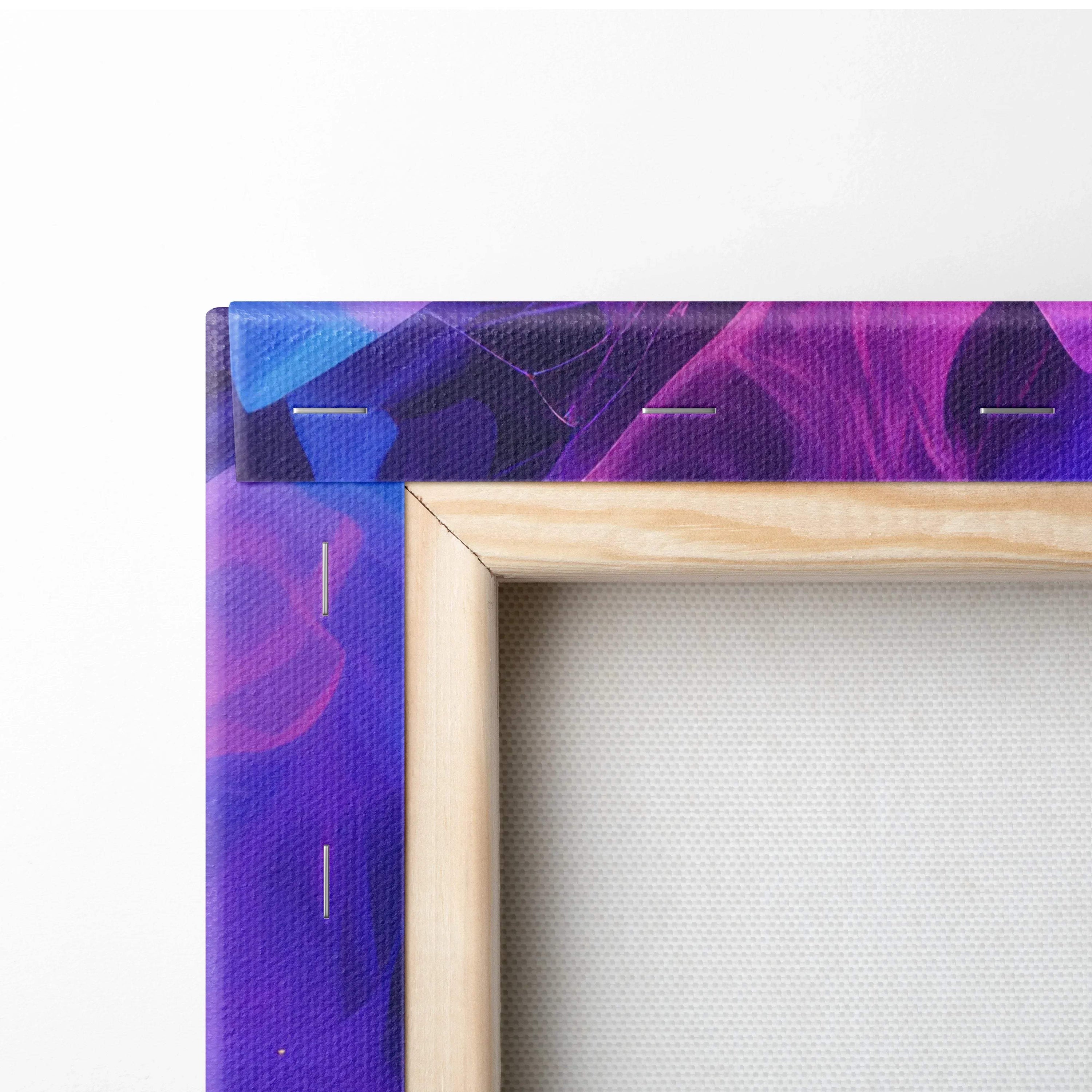 Close-up of vibrant blue and purple abstract digital art on stretched canvas wall art with wooden frame.
