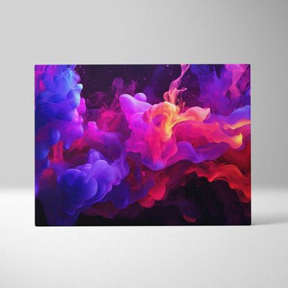 Vibrant abstract digital art canvas wall art with swirling purple, pink, and red colors.