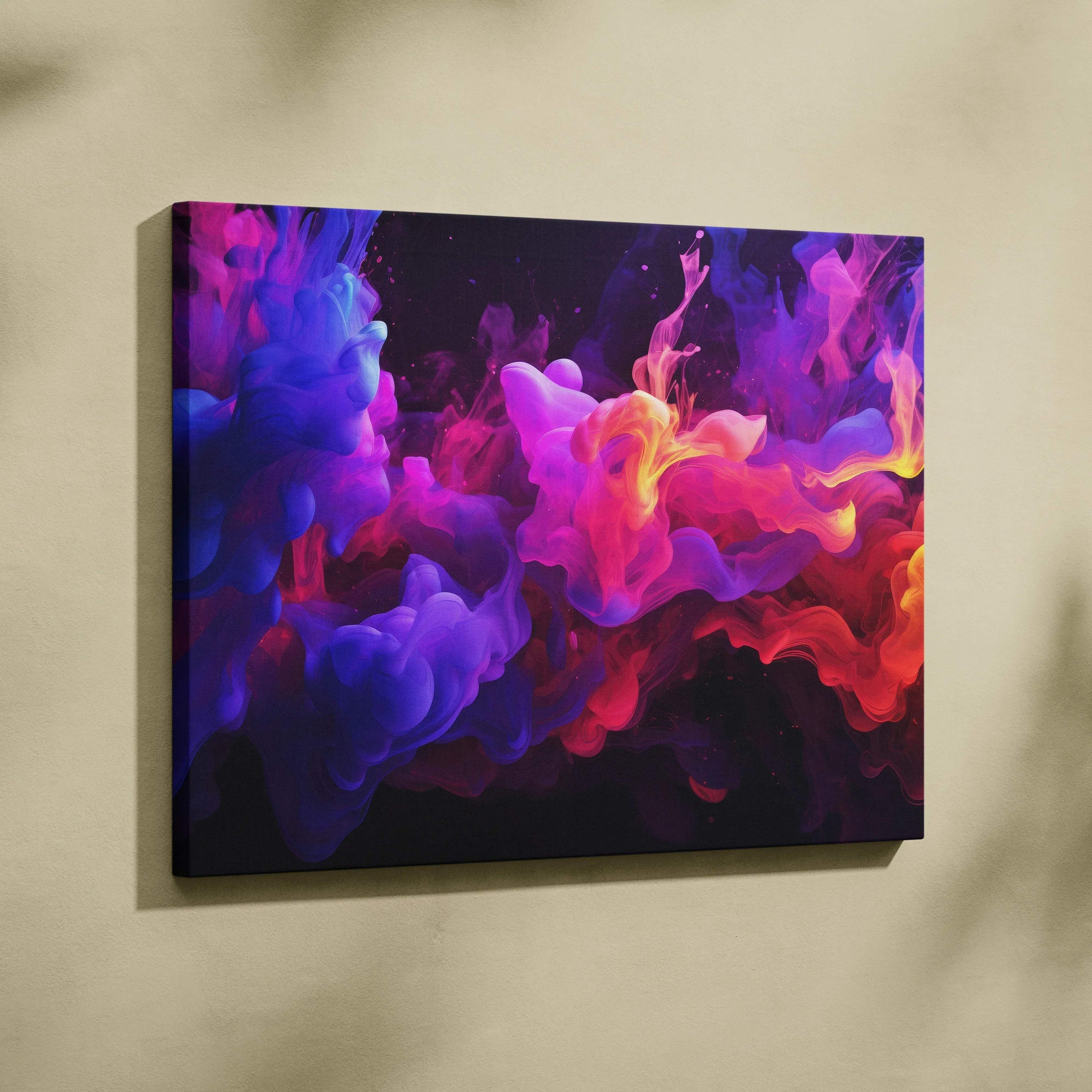 Vibrant abstract digital art canvas with swirling purple, pink, and red hues for modern wall art.