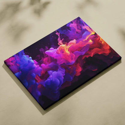 Vibrant abstract digital art on canvas with swirling purple, pink, and red hues, horizontal wall art canvas print.