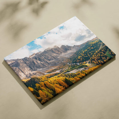 Canvas print of dramatic Dolomites mountains with autumn forests at golden hour