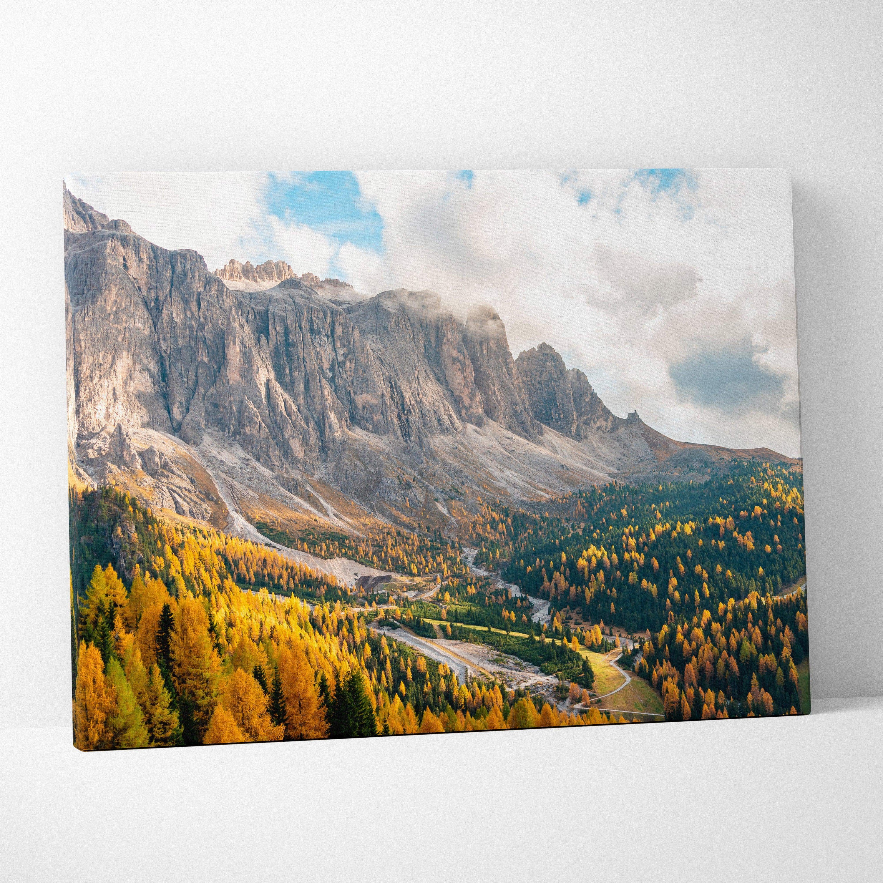 Dramatic Dolomites canvas wall art with golden autumn forests and peaks