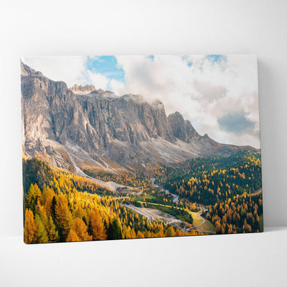 Dramatic Dolomites canvas wall art with golden autumn forests and peaks