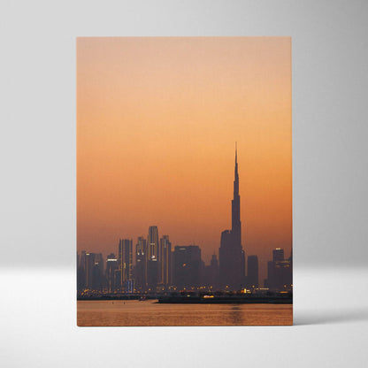 Dubai skyline canvas art featuring iconic buildings at sunset, vertical wall art on canvas.