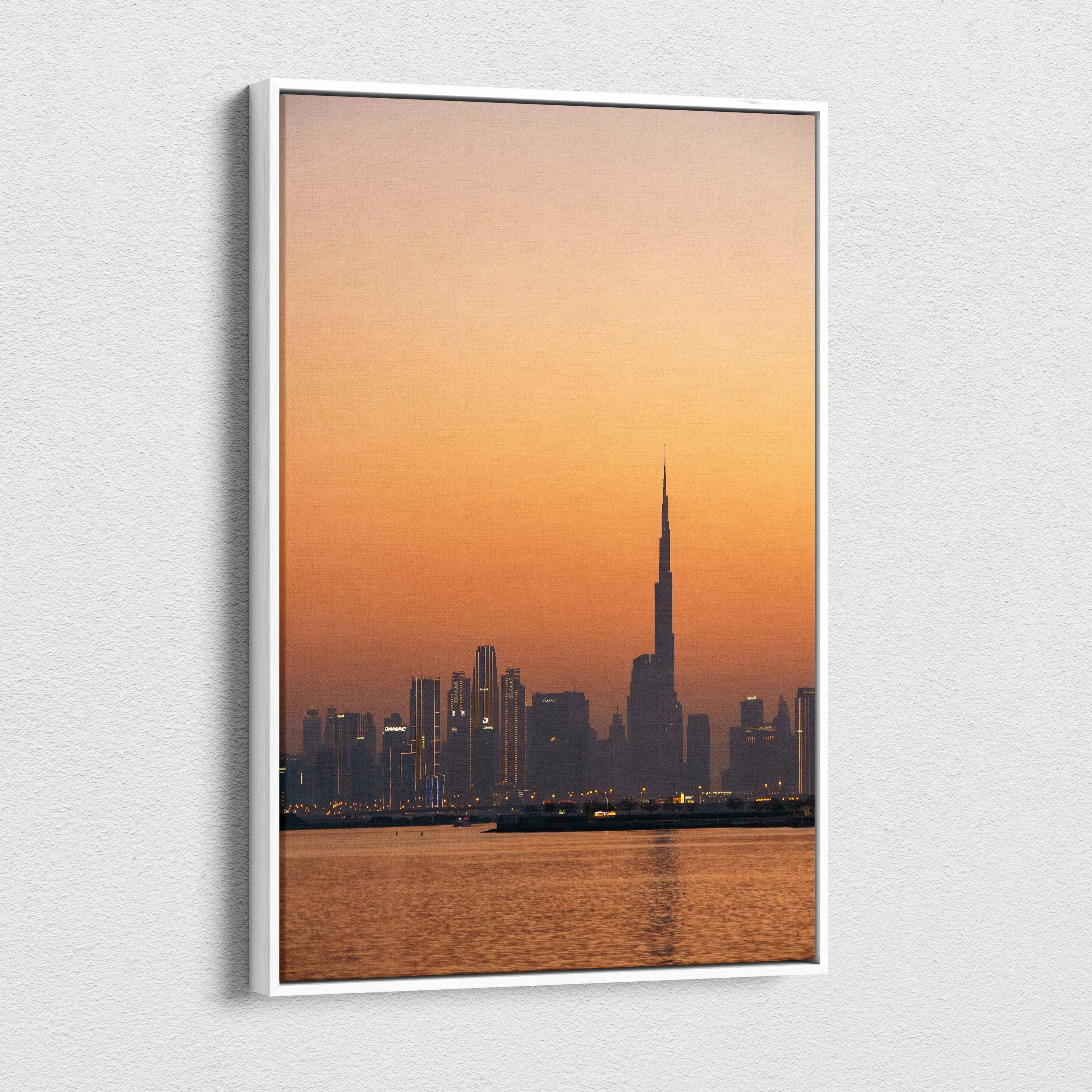 Dubai skyline canvas art with iconic buildings silhouette at sunset in warm orange tones.