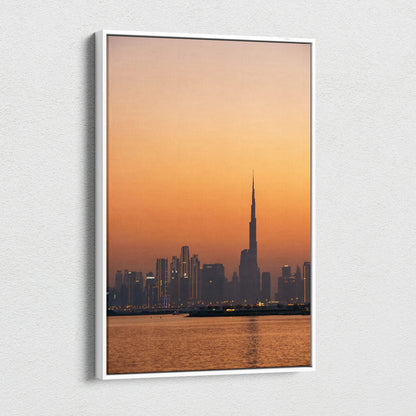 Dubai skyline canvas art with iconic buildings silhouette at sunset in warm orange tones.