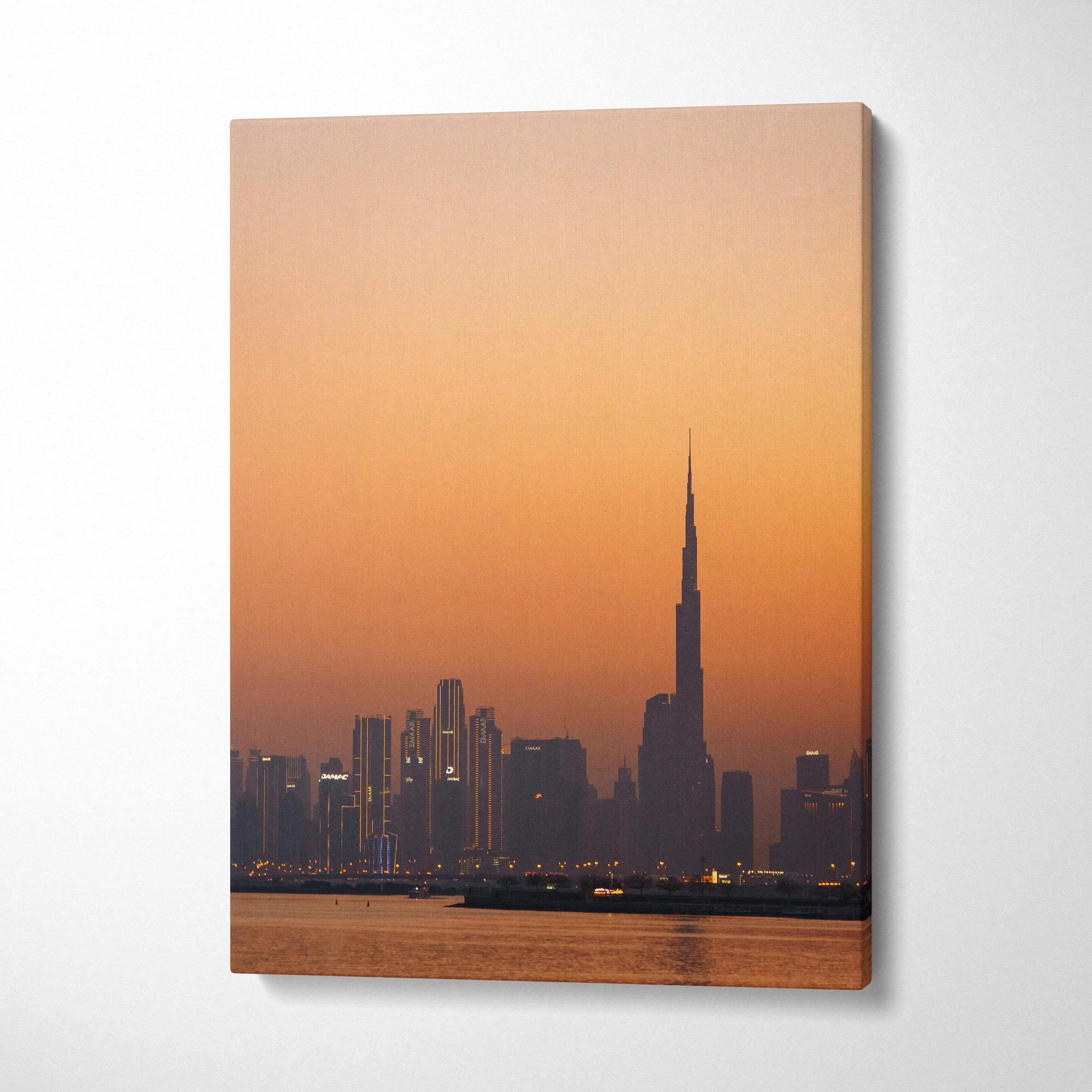 Dubai skyline canvas wall art with iconic skyscrapers at sunset, vertical canvas art.
