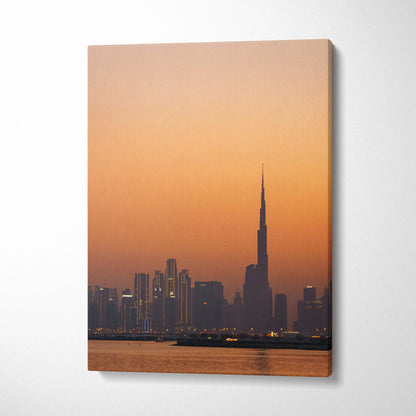 Dubai skyline canvas wall art with iconic skyscrapers at sunset, vertical canvas art.