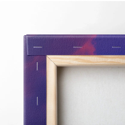 Back of Tropical Coastal Sunset canvas wall art with purple-red abstract design and edge stitching