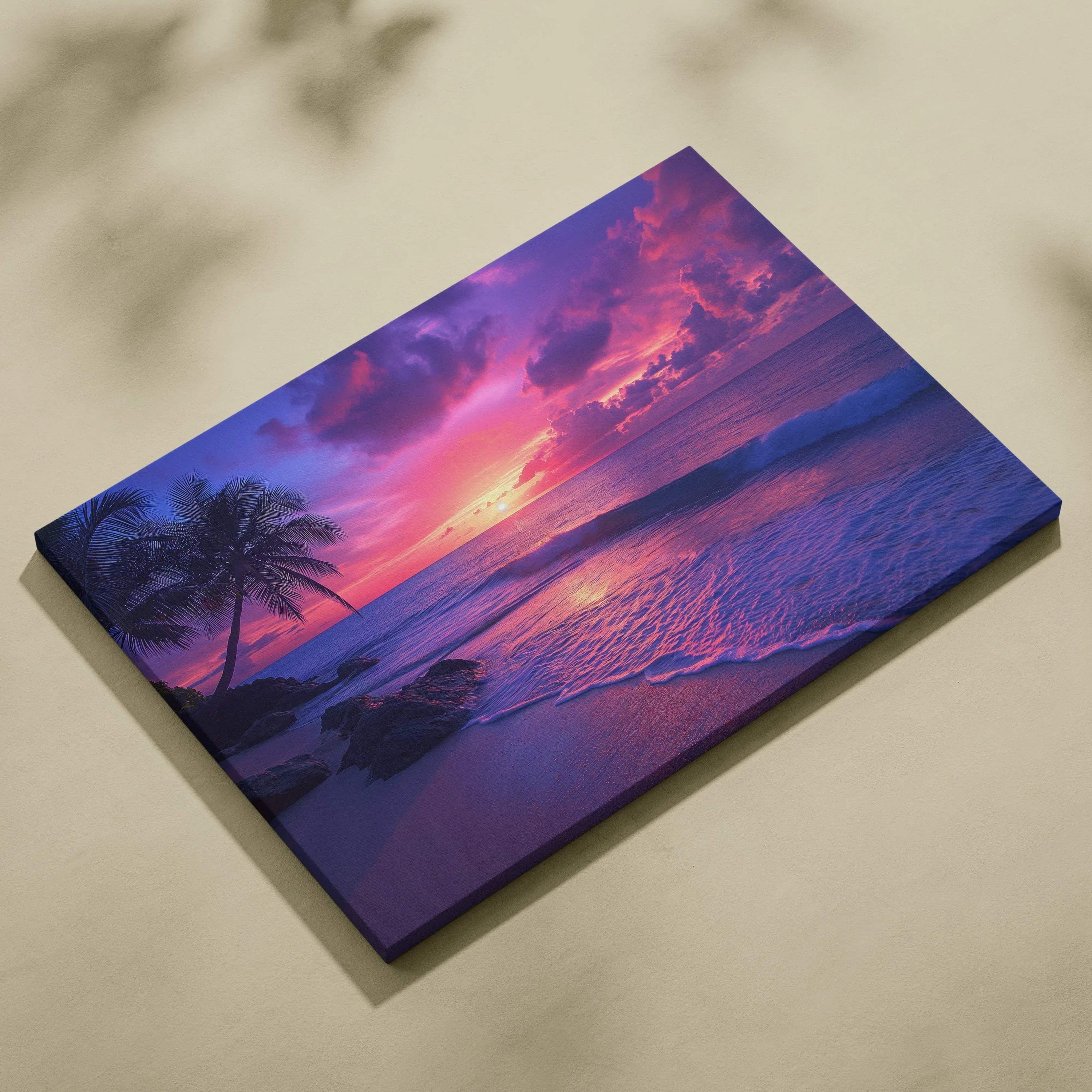 Vibrant tropical sunset canvas wall art with pink purple ocean hues and palm silhouettes