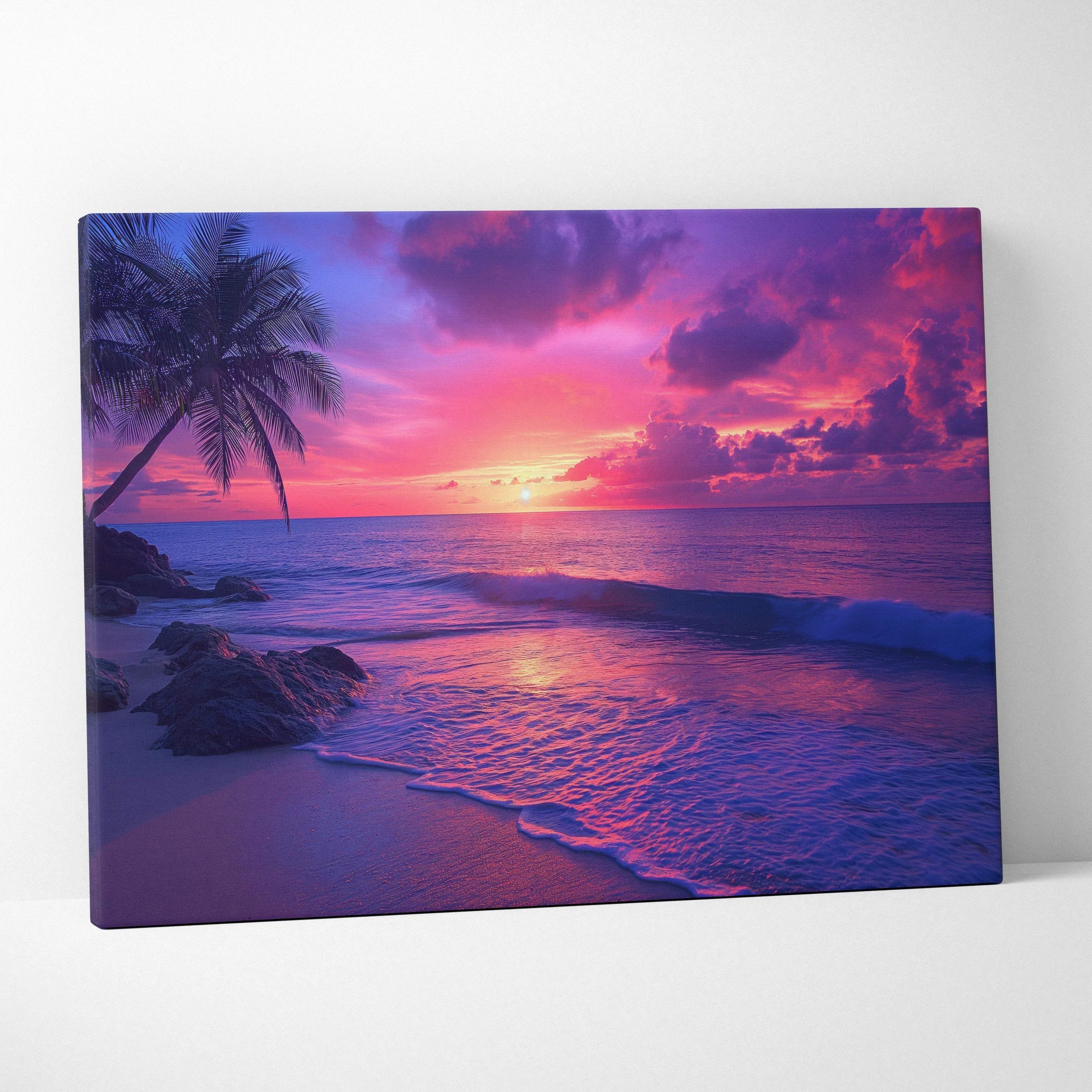 Vibrant tropical sunset canvas print with palm tree and ocean waves