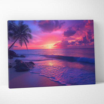 Vibrant tropical sunset canvas print with palm tree and ocean waves