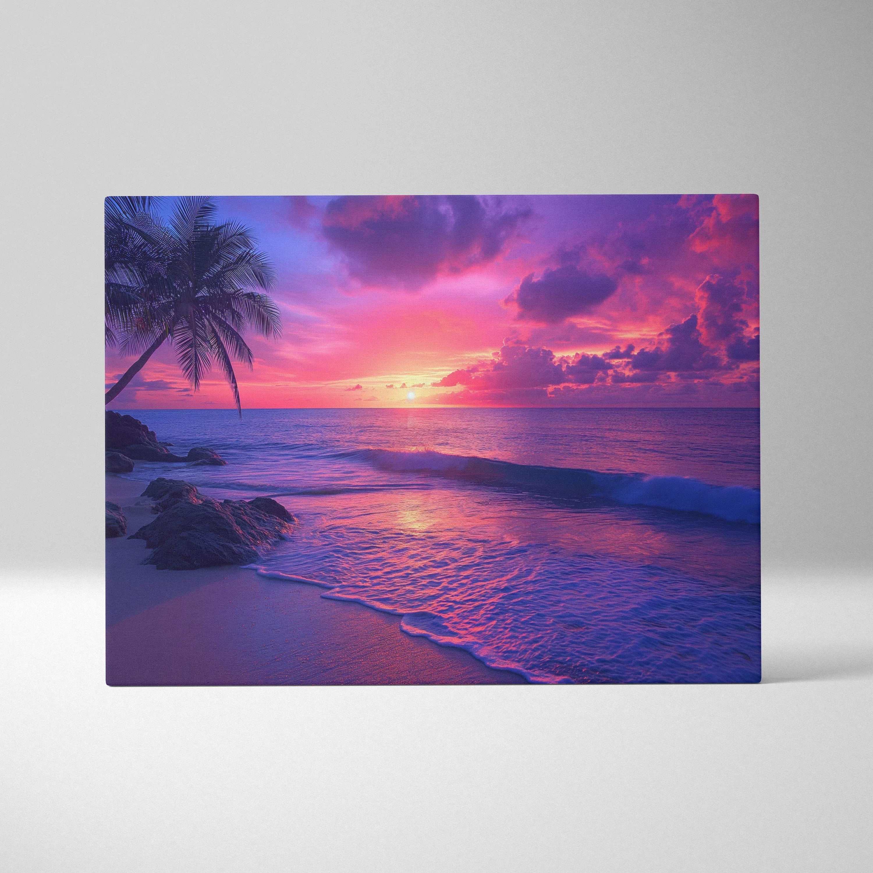 Vibrant tropical sunset canvas print with palm tree and ocean waves