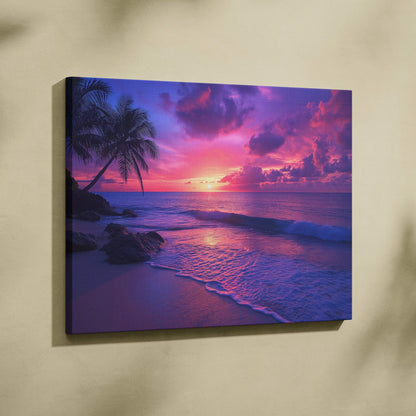 Canvas wall art of tropical coastal sunset with vibrant ocean hues