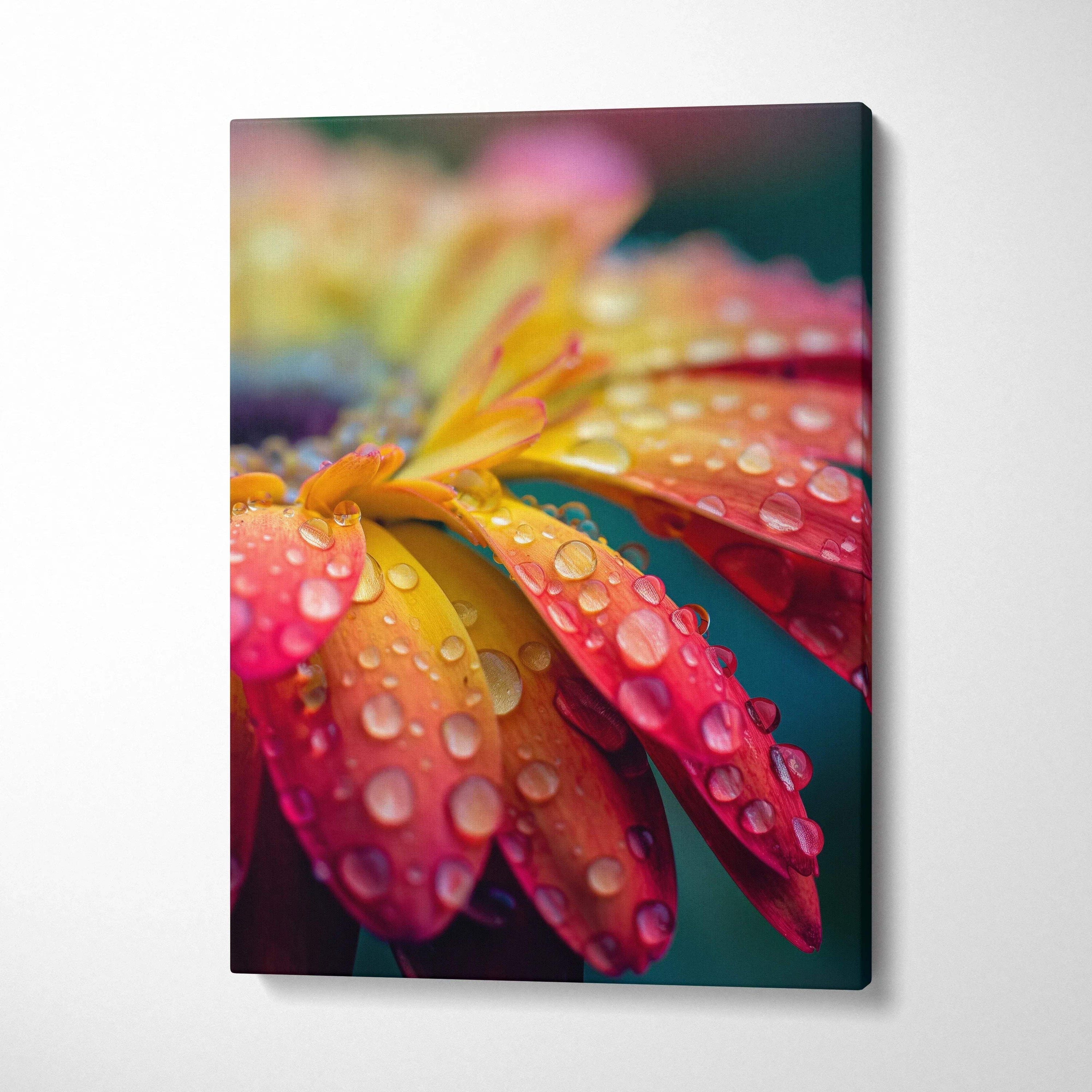 Vibrant macro floral canvas print with dew drops, yellow to pink red petals