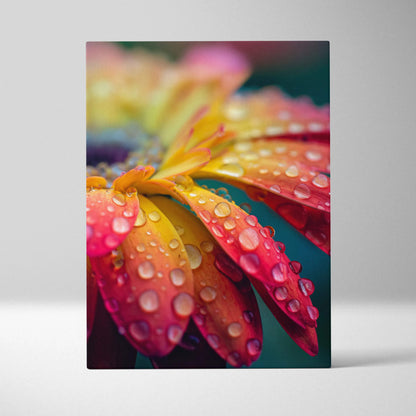 Vibrant gradient flower with dewdrops on petals, macro canvas wall art