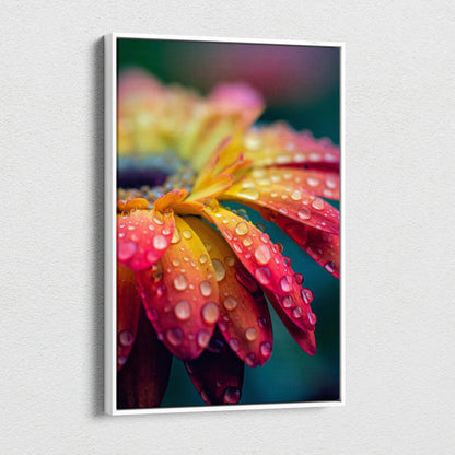 Vibrant macro daisy canvas wall art with gradient petals and water droplets