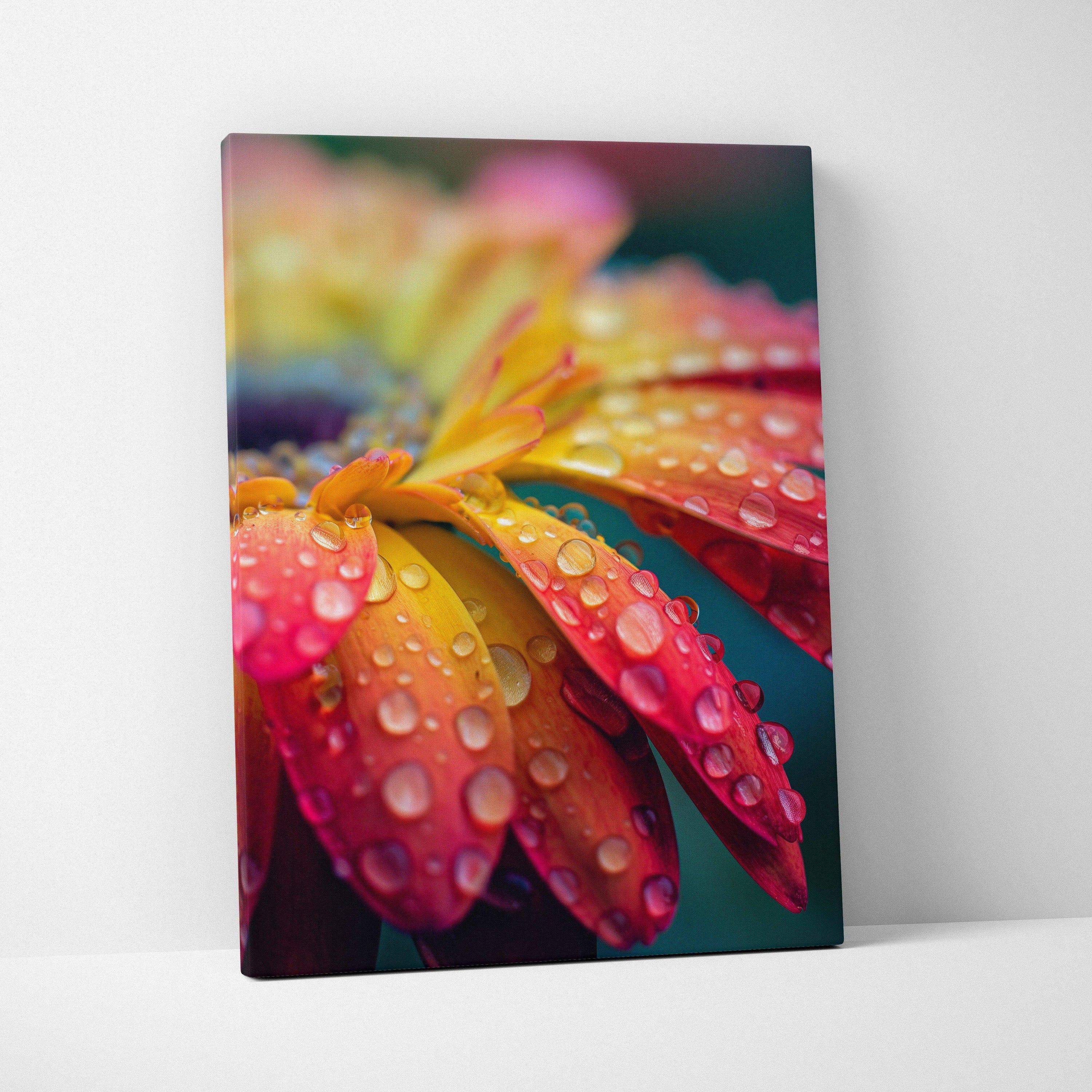 Vibrant canvas wall art of macro floral close-up with yellow-to-pink petals and water droplets