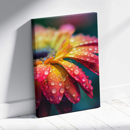 Vibrant rainbow canvas wall art of dew-covered macro flower petals
