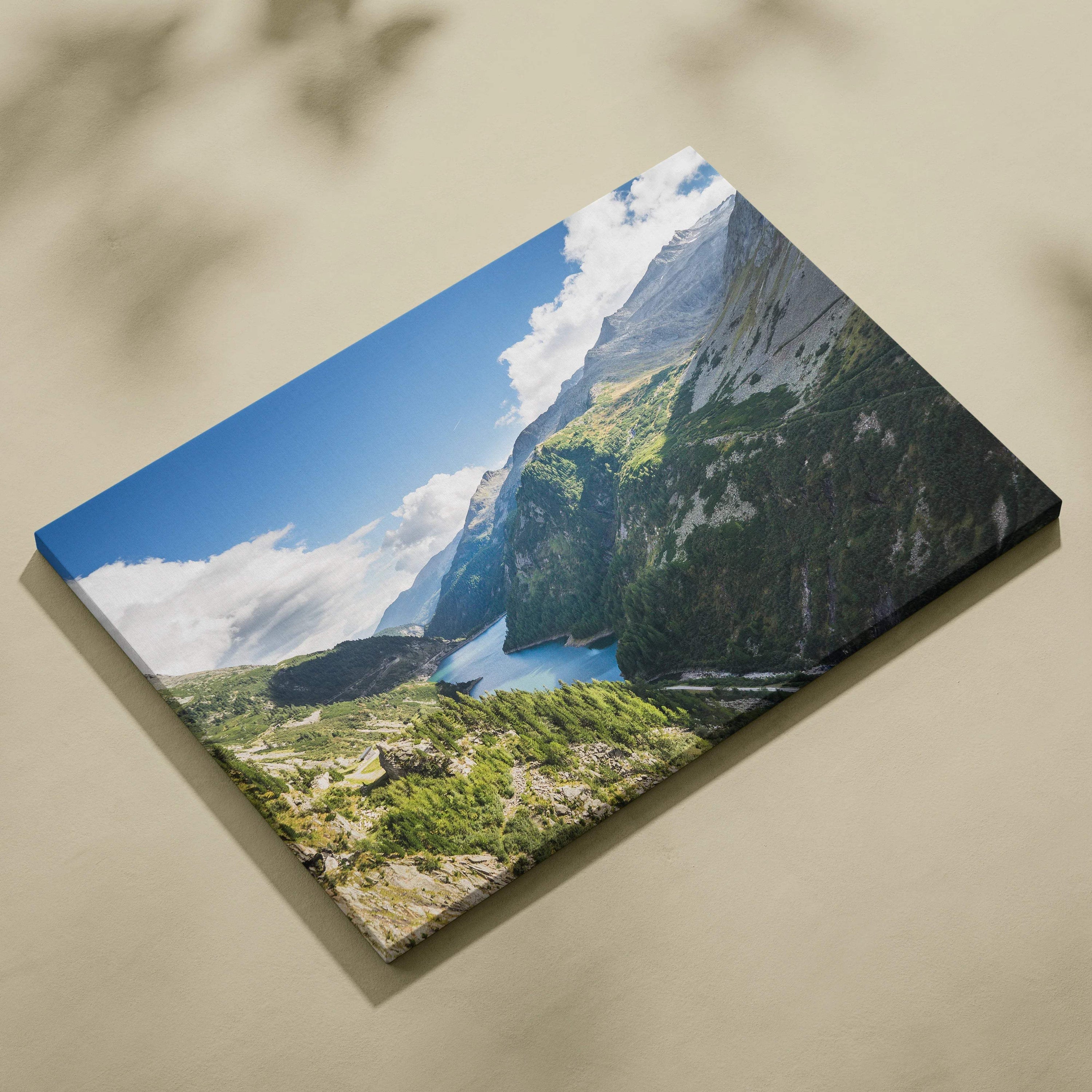 Vibrant canvas wall art of lake between mountains, calm blues, sky, valleys
