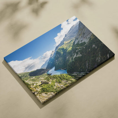 Vibrant canvas wall art of lake between mountains, calm blues, sky, valleys