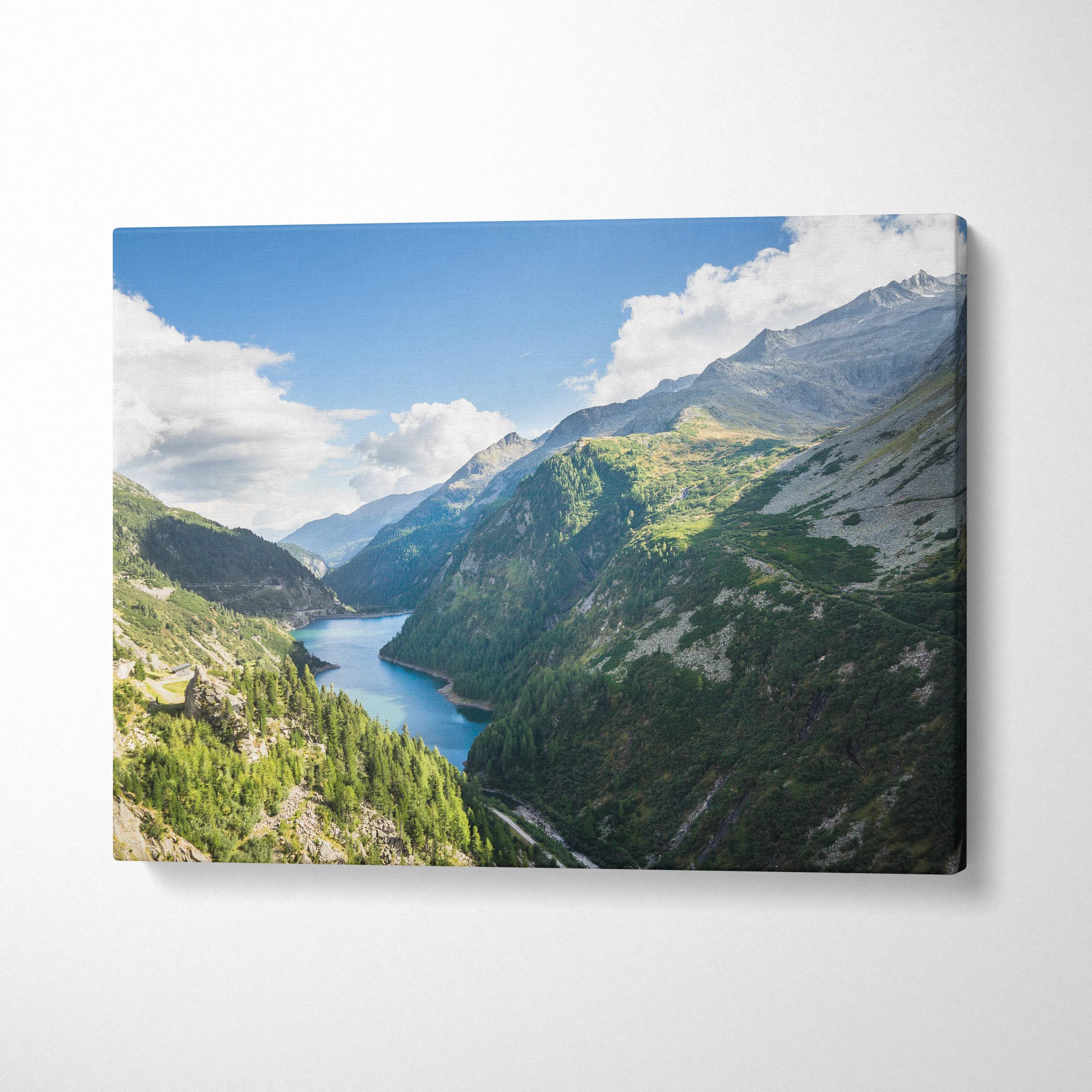Canvas wall art: lake between mountains, calm blues, sky, valleys