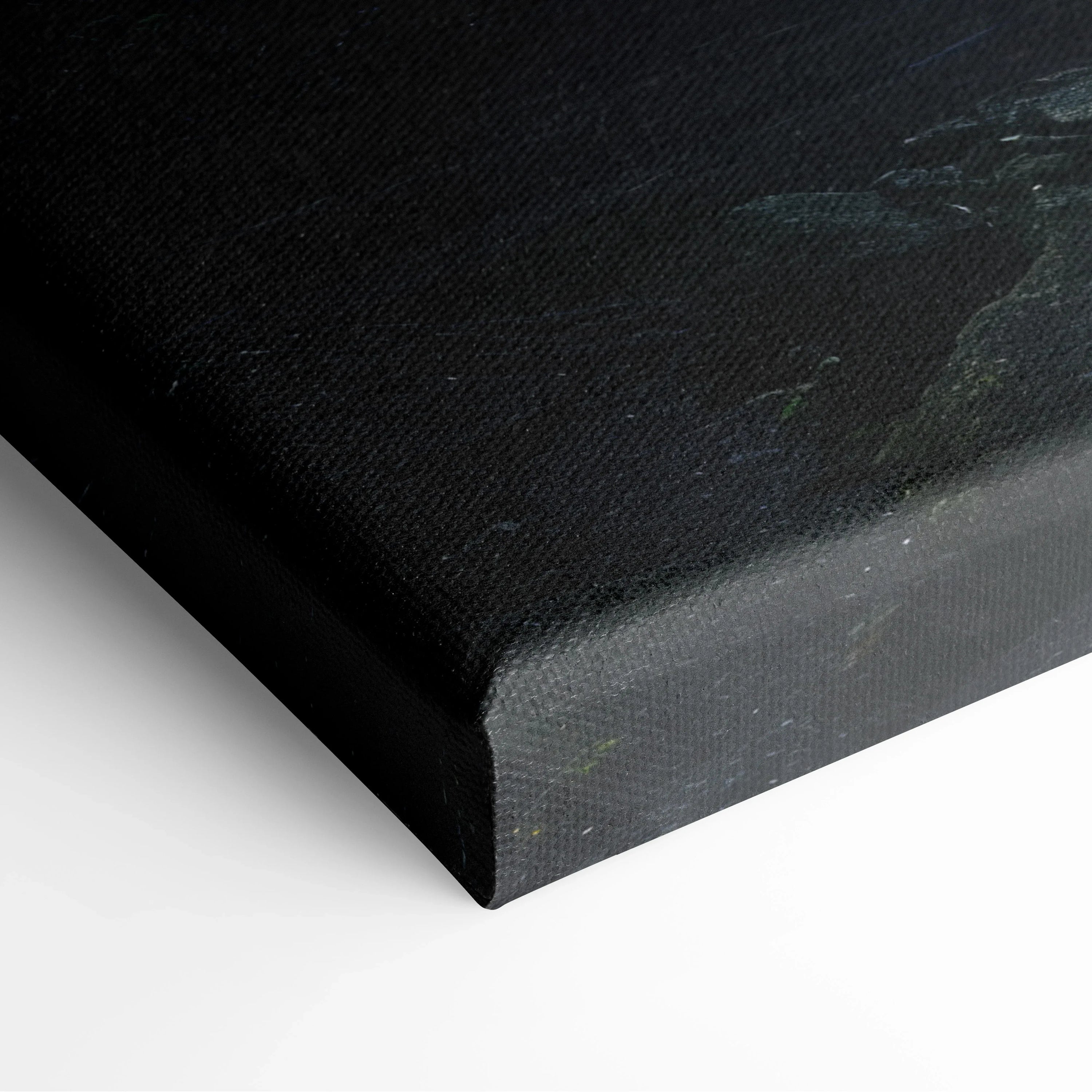 Close-up of dark waterfall forest canvas wall art with textured canvas and wrapped edges decor.