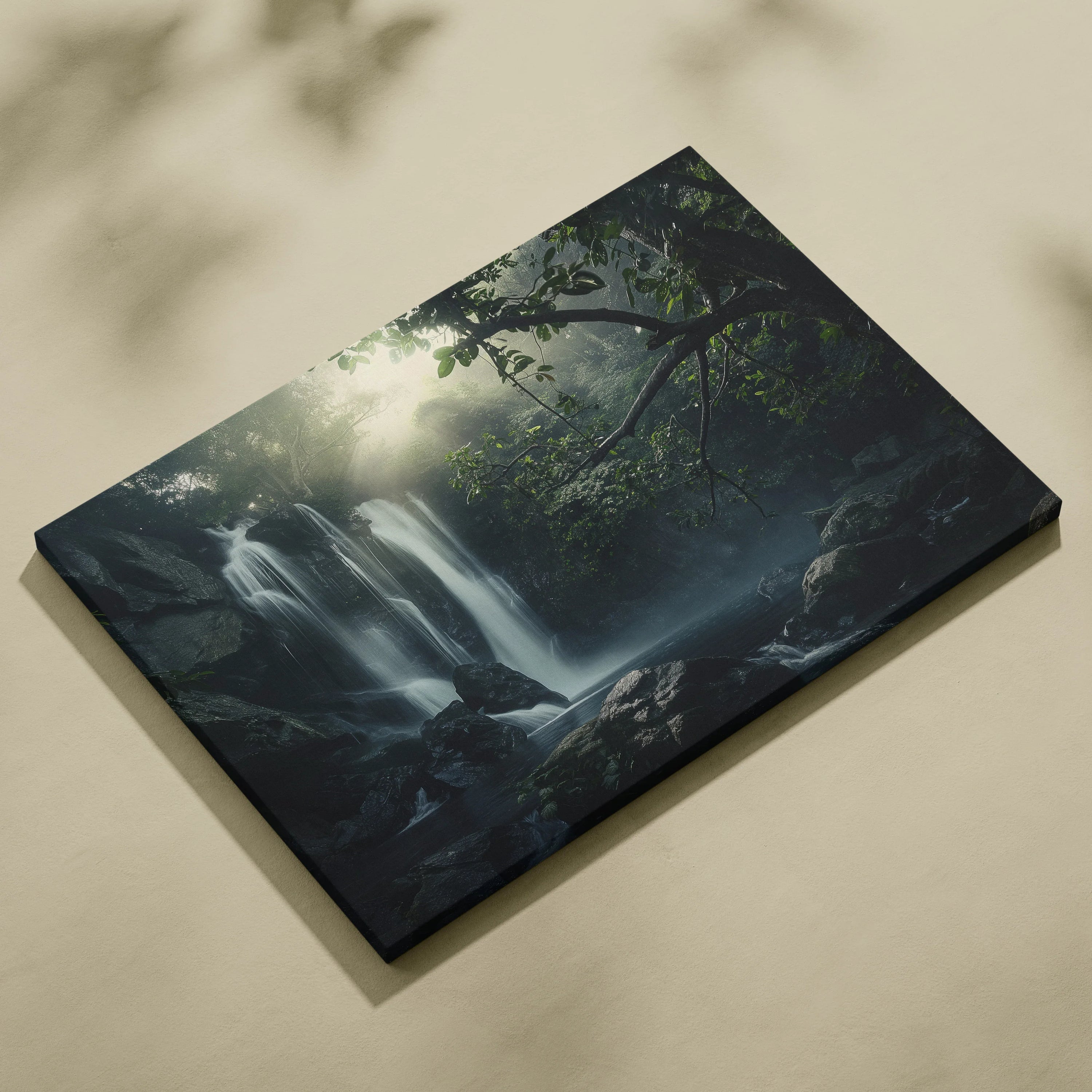 Dark forest waterfall nature scene on rectangular canvas wall art with soft light rays and mist.
