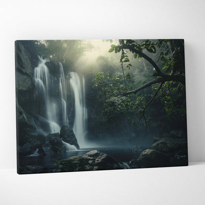 Canvas wall art featuring a serene forest waterfall scene with mist and lush green foliage.
