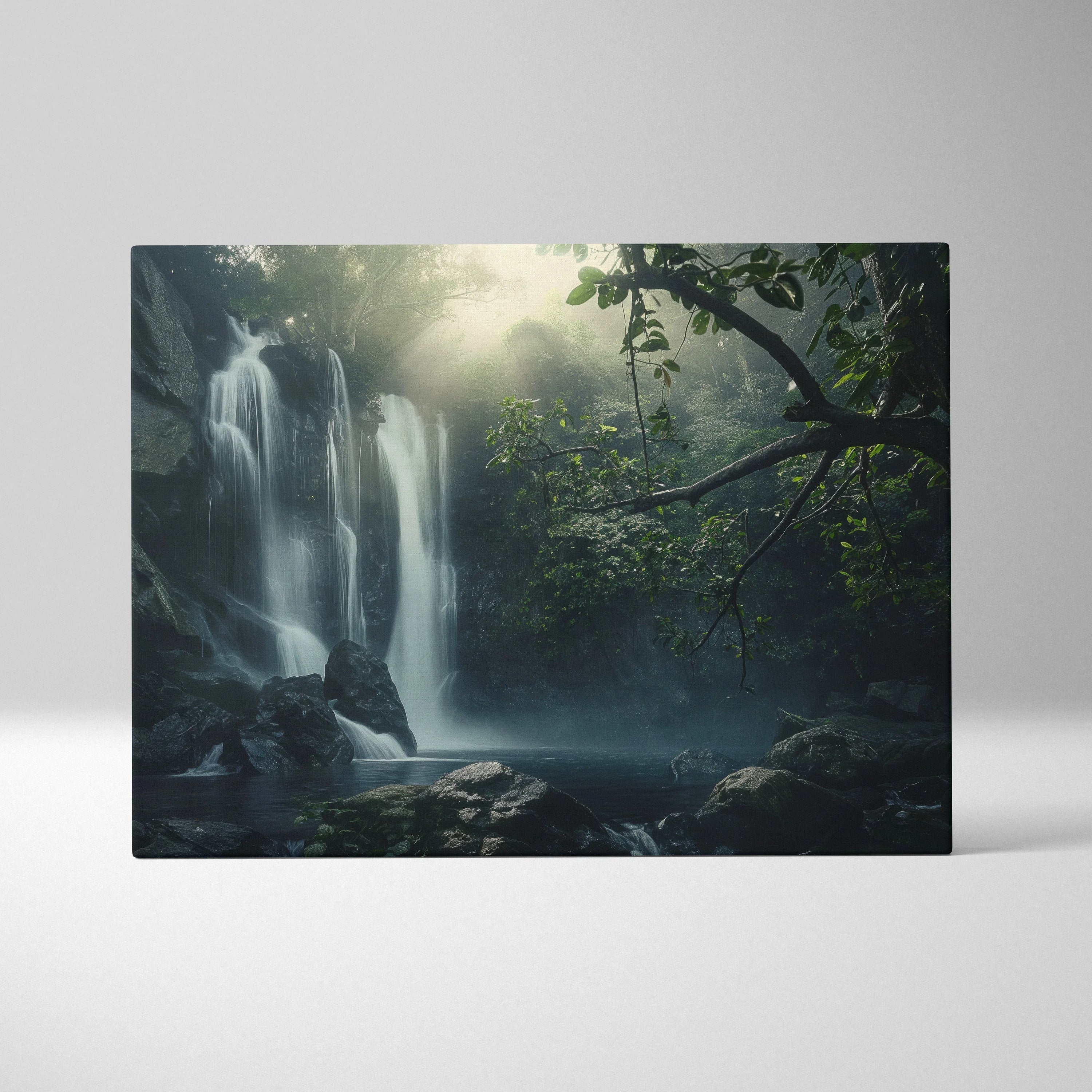 Canvas wall art depicting a misty forest scene with cascading waterfall and lush green foliage.
