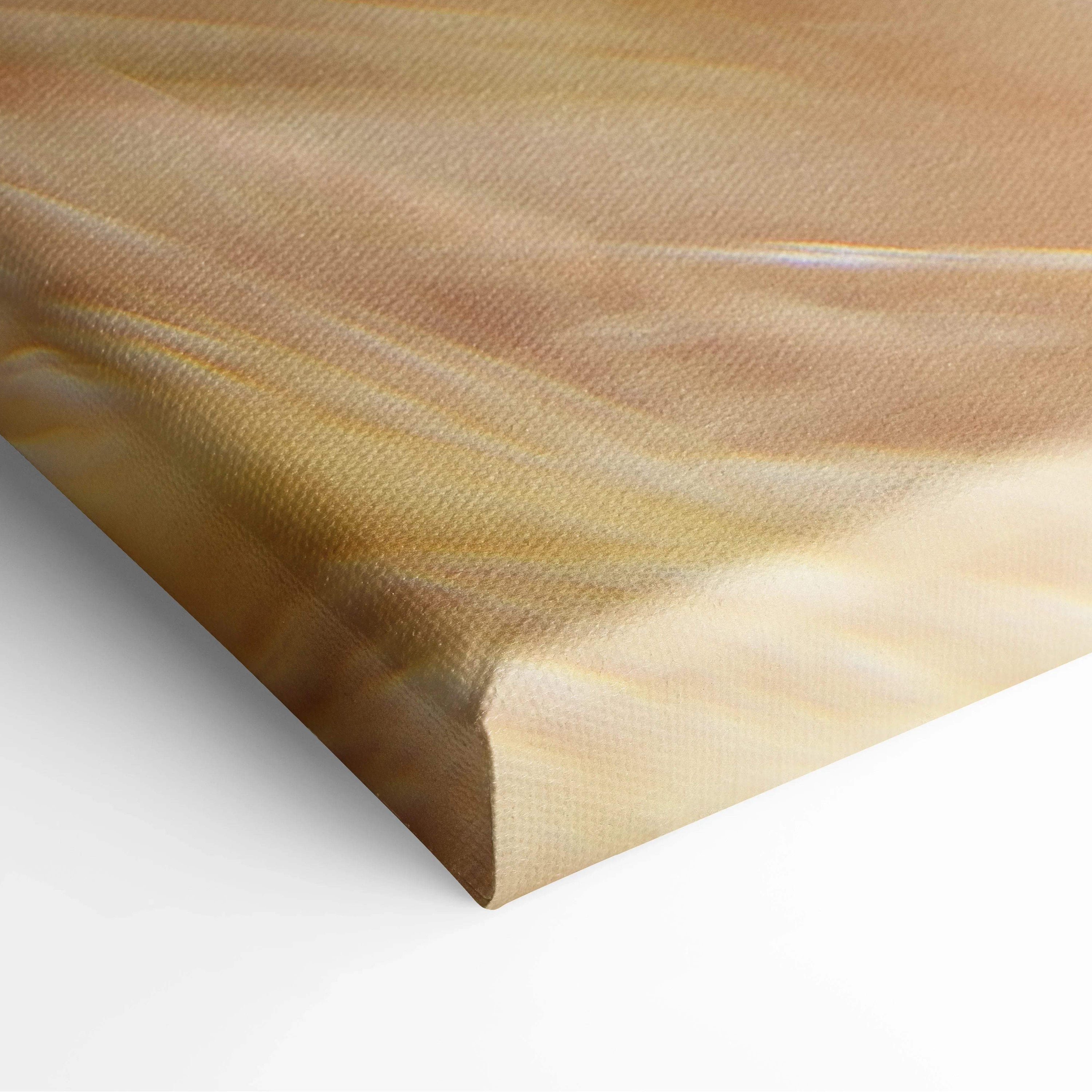 Close-up of stretched canvas showing textured wheat field with warm golden and beige tones for wall art decor.