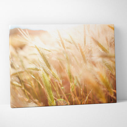 Canvas wall art featuring a soft-focus summer wheat field in golden and beige tones with delicate floral highlights.