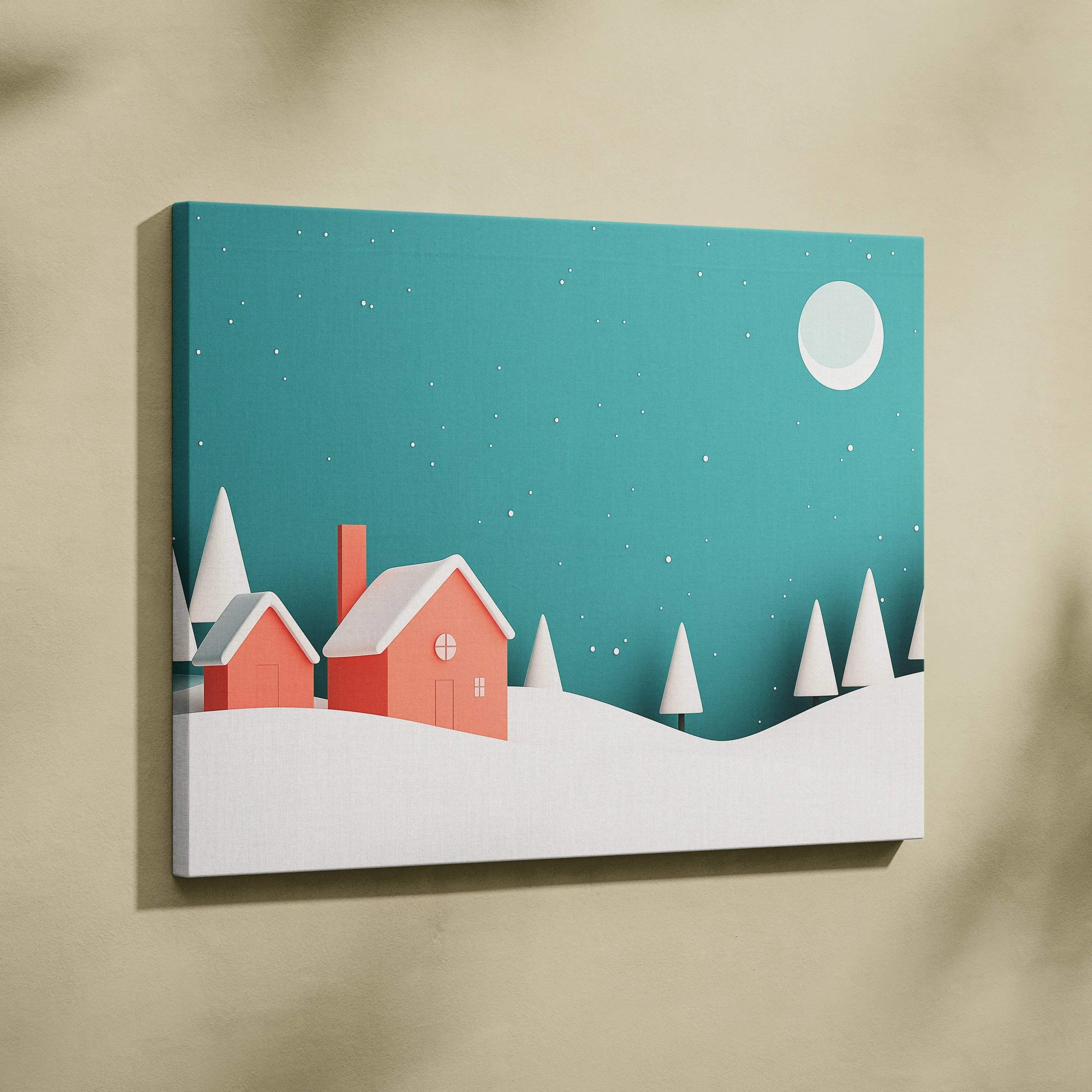Canvas wall art with red houses and white pine trees under a full moon on a teal snowy landscape background.