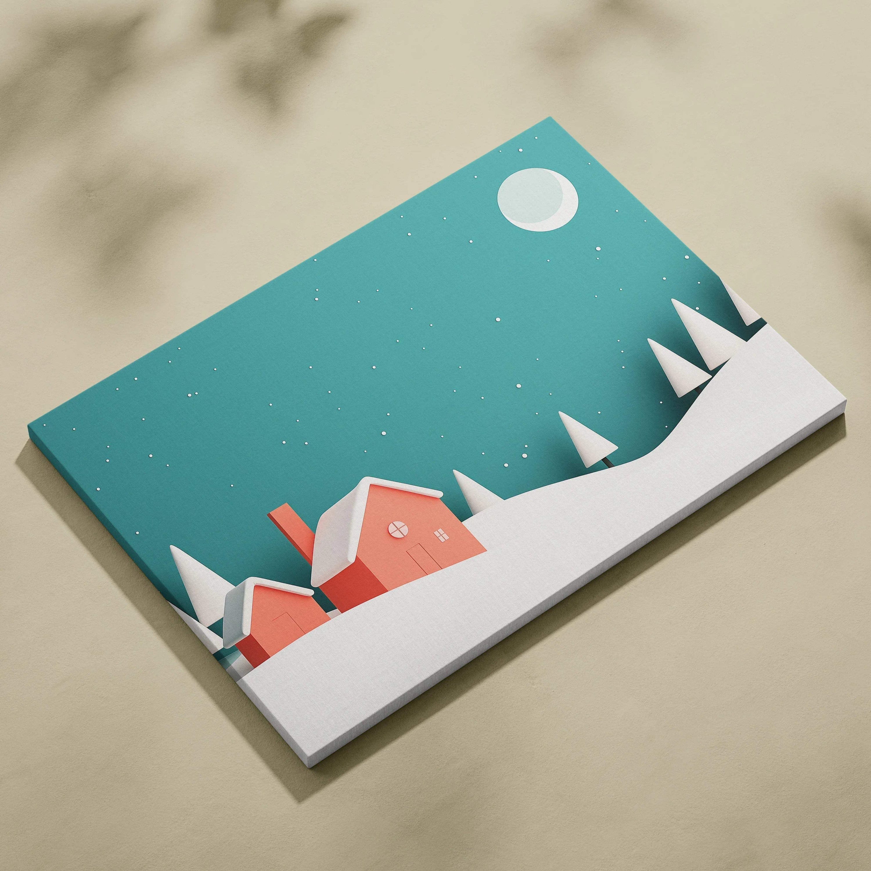 White winter landscape canvas wall art with red houses, snow-covered hills, and stylized pine trees under a full moon.