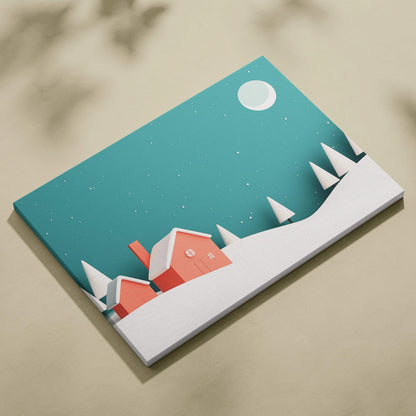 White winter landscape canvas wall art with red houses, snow-covered hills, and stylized pine trees under a full moon.