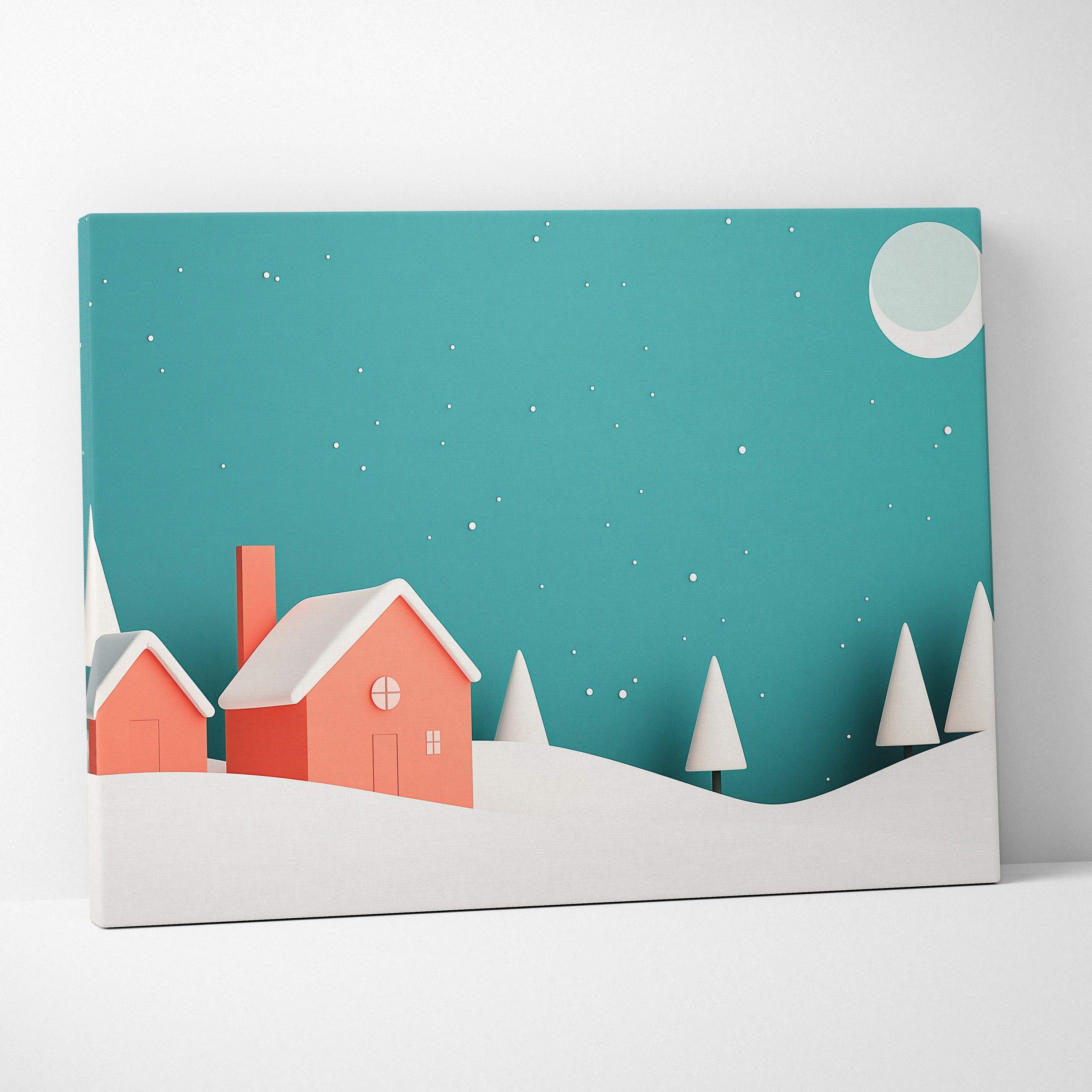 White canvas wall art featuring minimalist snowy landscape with red houses, white pine trees, and a full moon against a teal