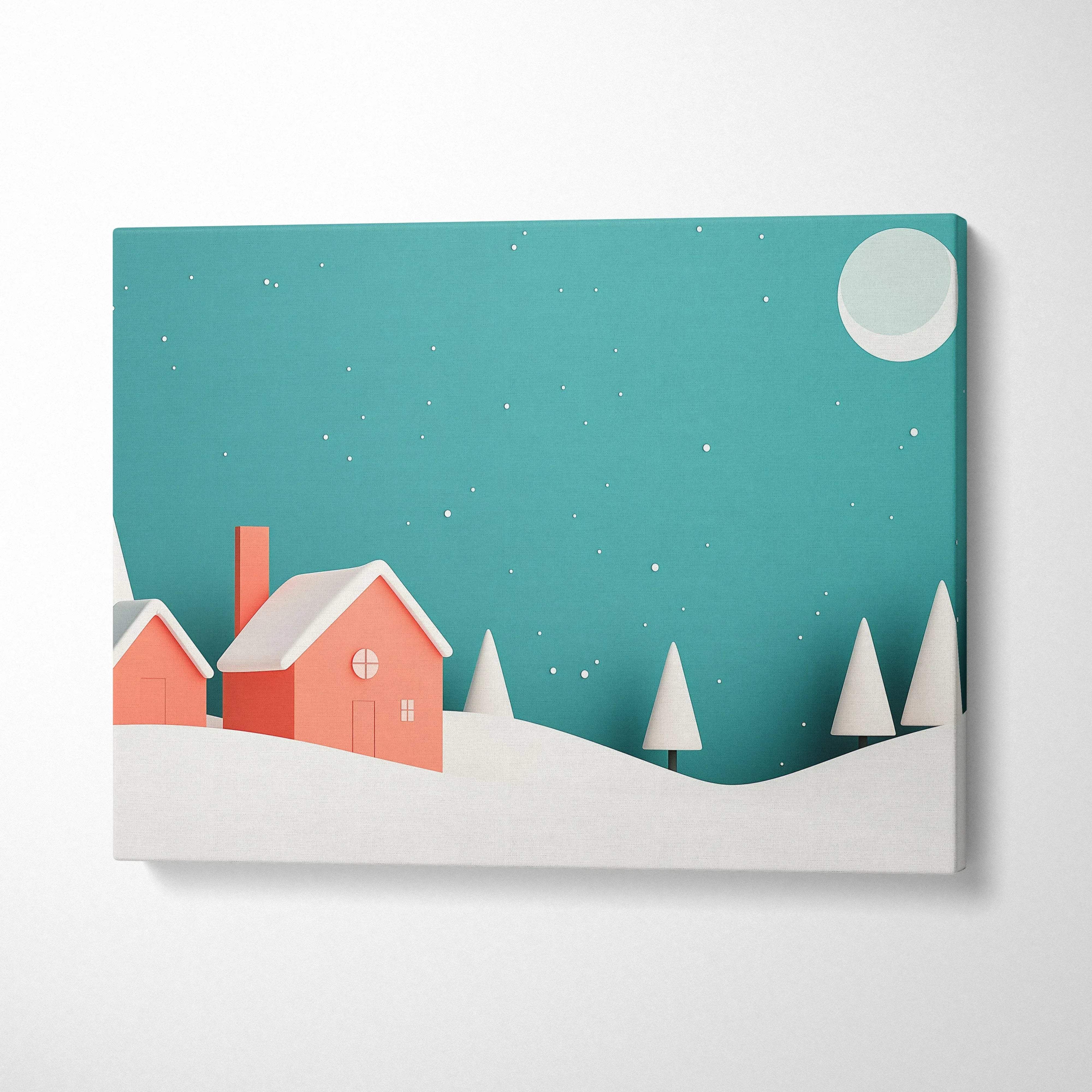 White winter landscape canvas wall art with red houses, stylized trees, and moon decor.