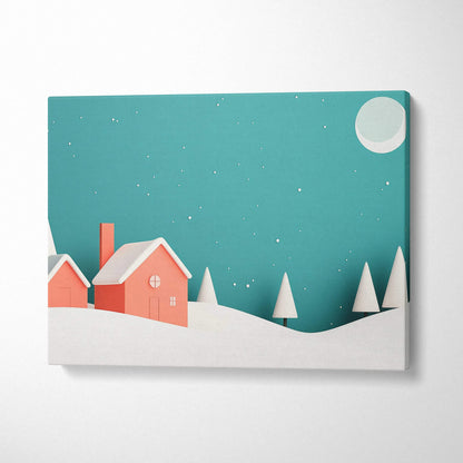 White winter landscape canvas wall art with red houses, stylized trees, and moon decor.