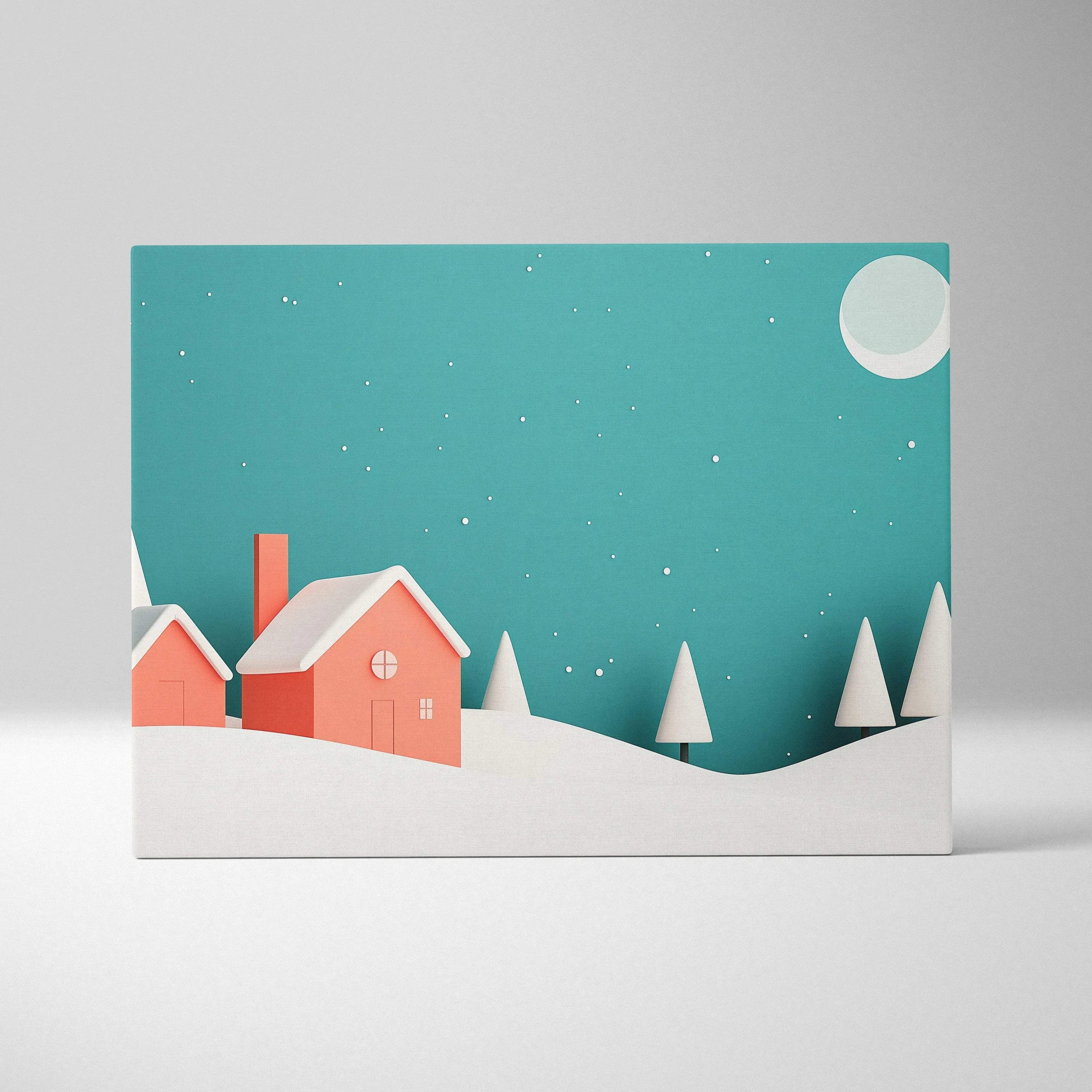 Canvas wall art featuring whimsical snowy landscape with coral-colored houses, white trees, and a teal sky with a full moon.
